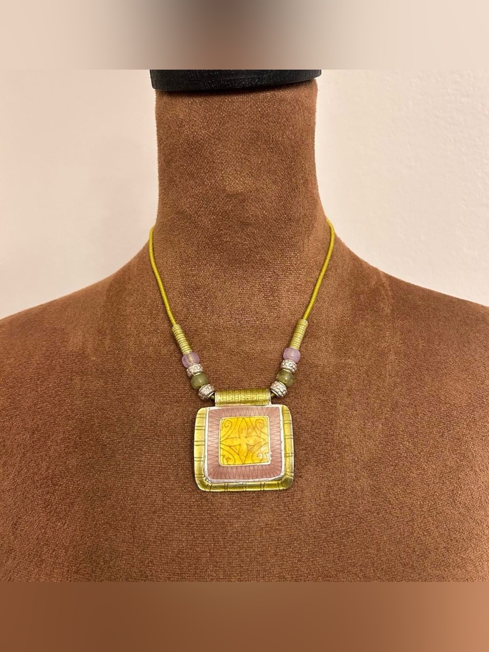 Vintage Light Green & Pink Beaded Large Pendant Necklace
